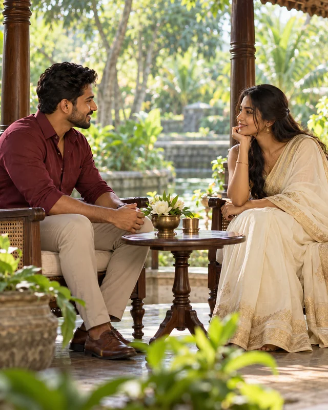 A Sri Lankan couple talking in a garden veranda
